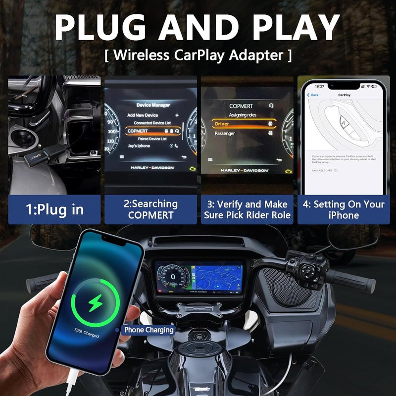 COPMERT Motorcycle Wireless CarPlay Bluetooth Adapter Compatible with Harley Davidson 2024 Road Glide/Street Glide 2025 Street Glide Accessories with Passthrough USB-C Charging Port Plug and Play - Image 3